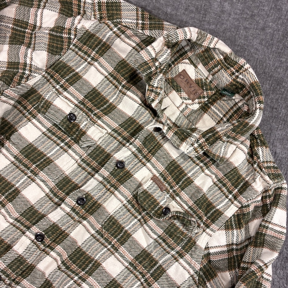Orvis Flannel Shirt Jacket Shacket Men M Green Plaid Long Sleeve Heavy Cotton
